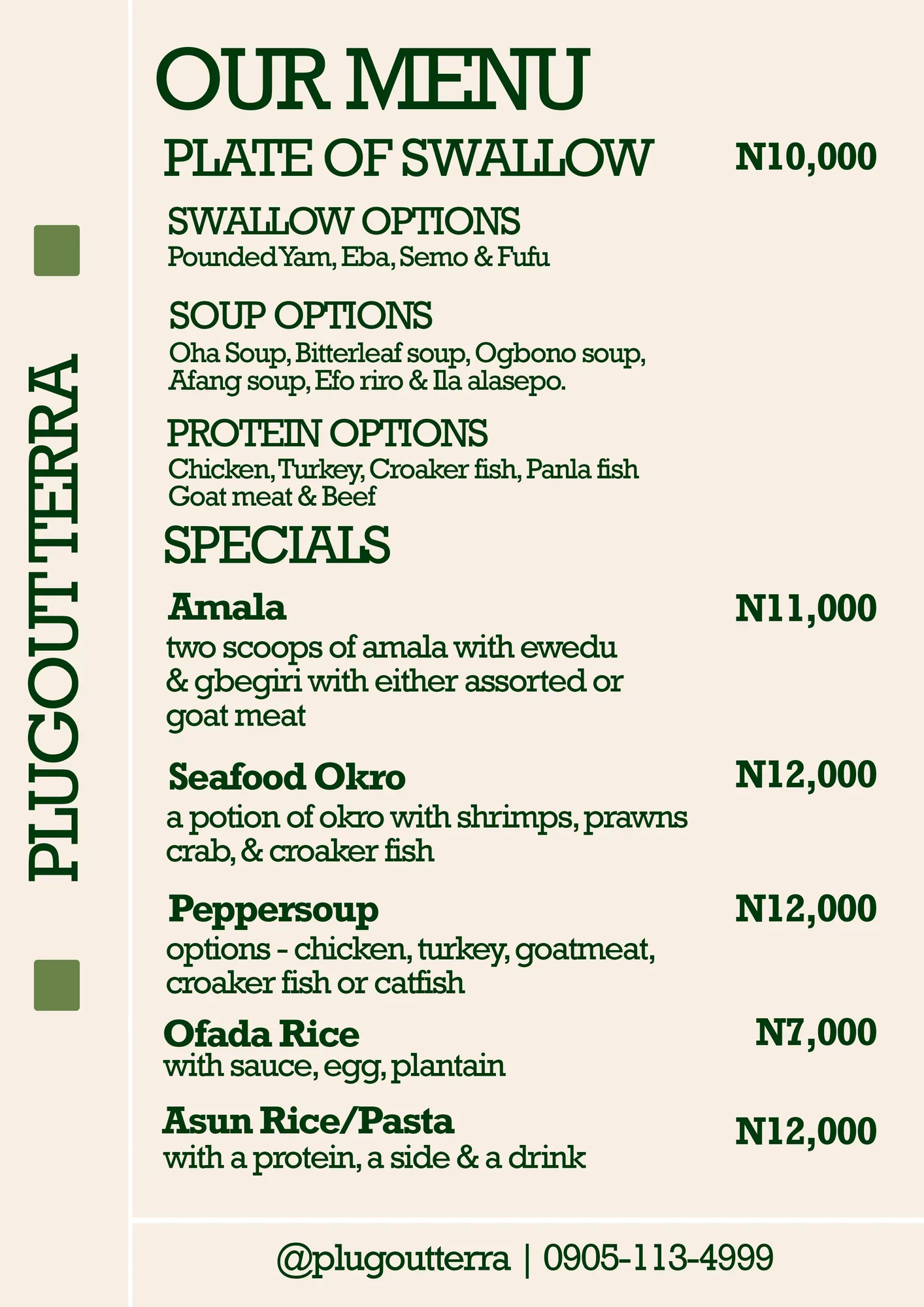Plugout Terra menu: swallow, soups, and specials