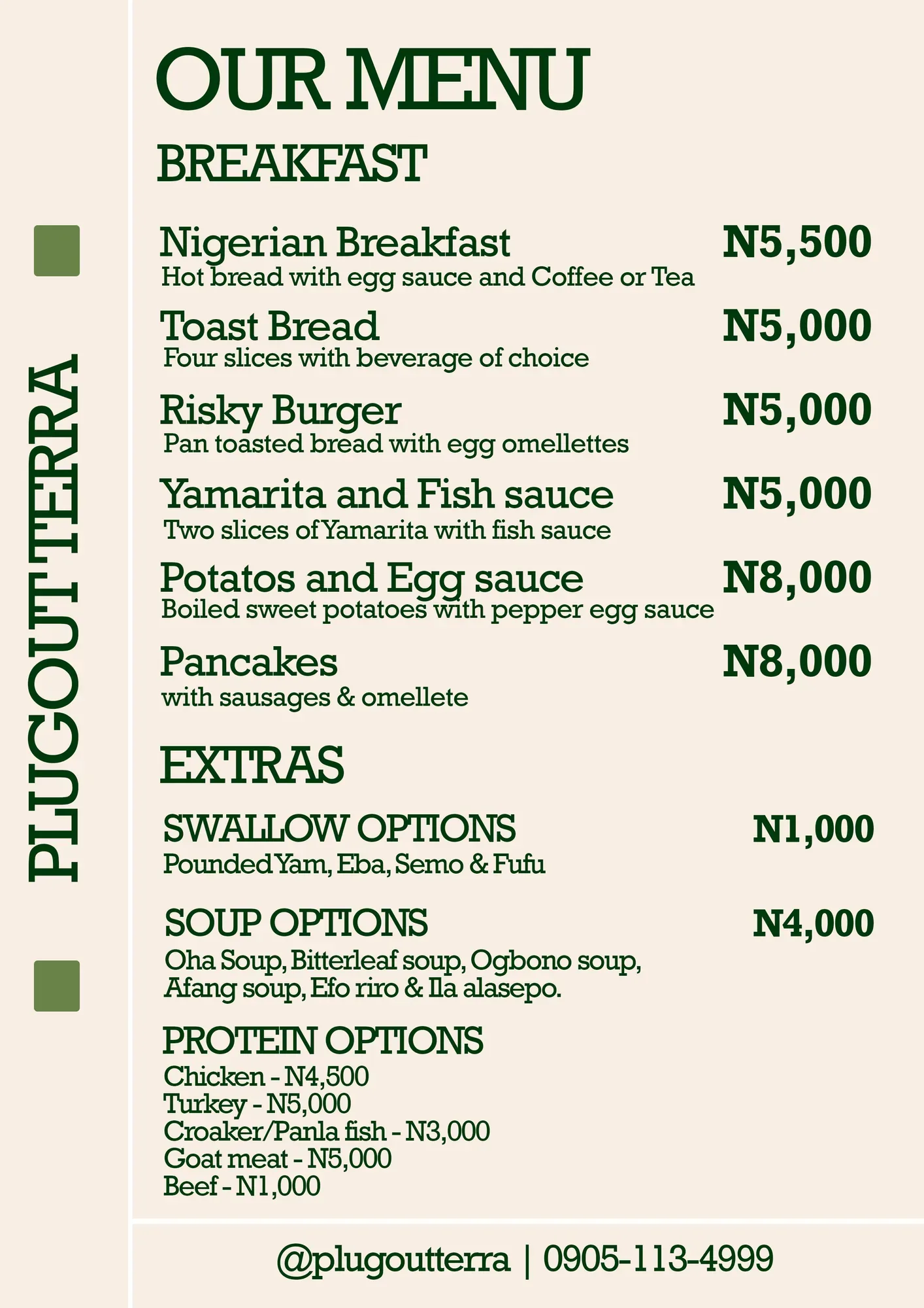 Plugout Terra menu: breakfast and extras