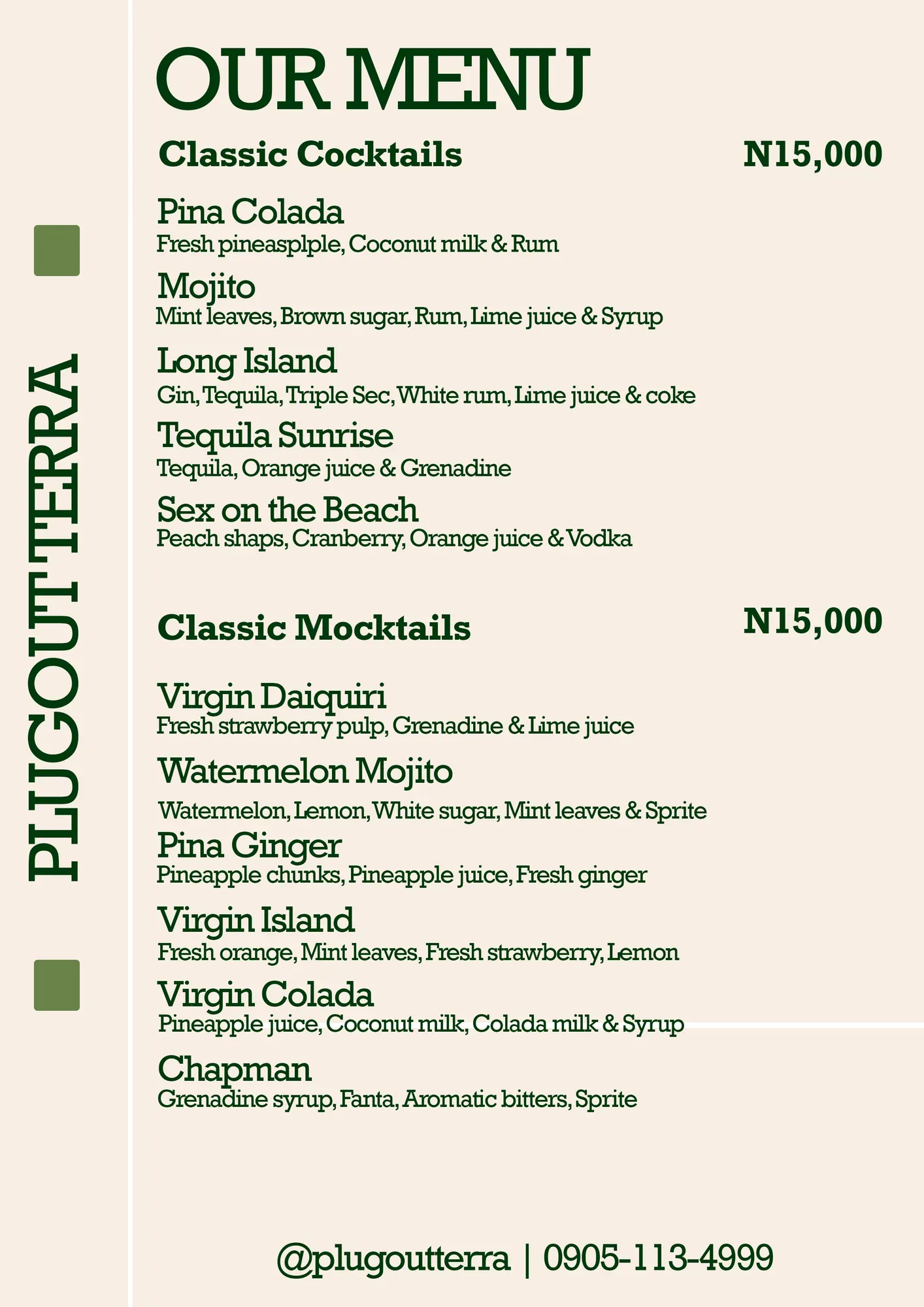 Plugout Terra menu: cocktails and mocktails