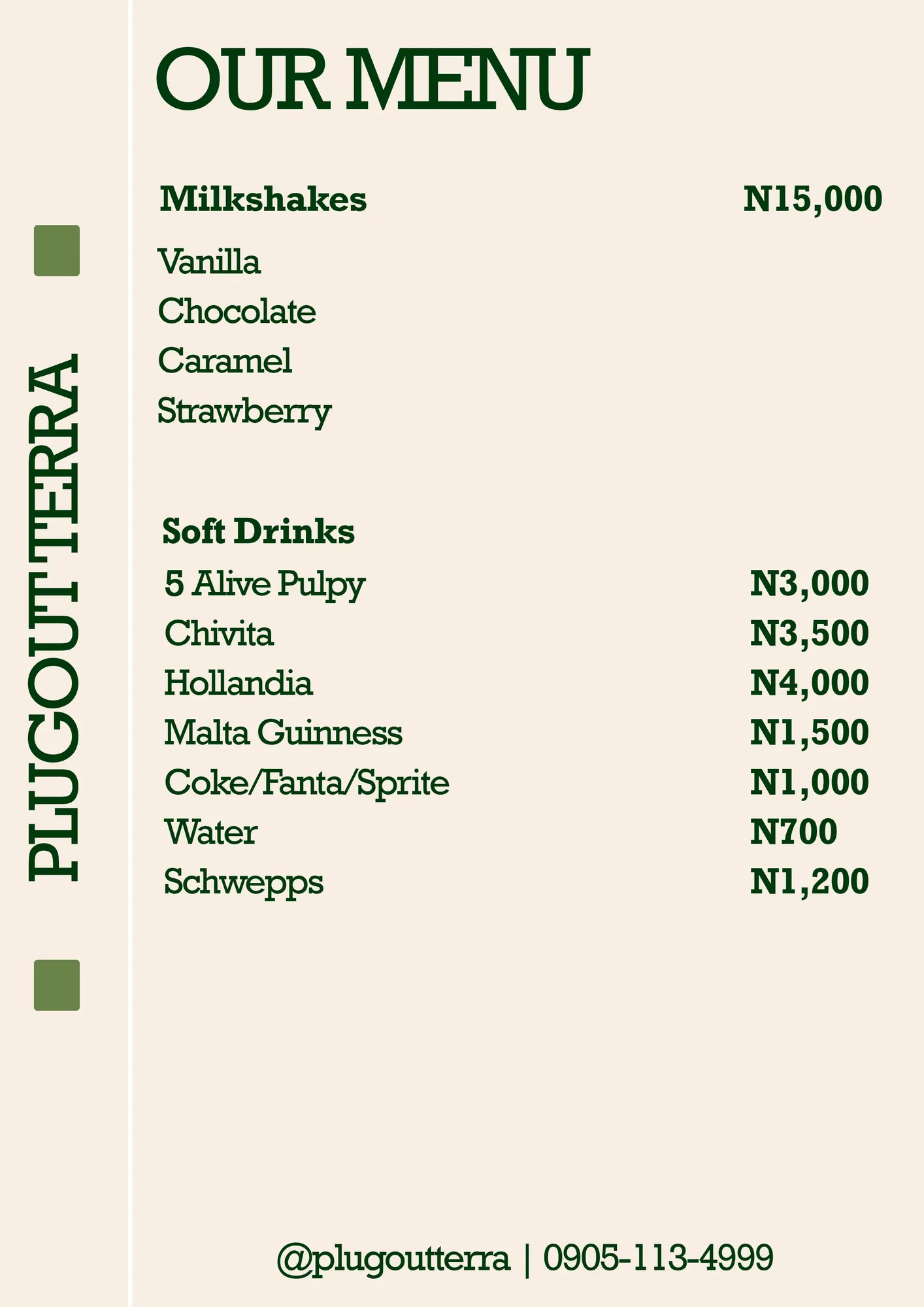 Plugout Terra menu: milkshakes and soft drinks